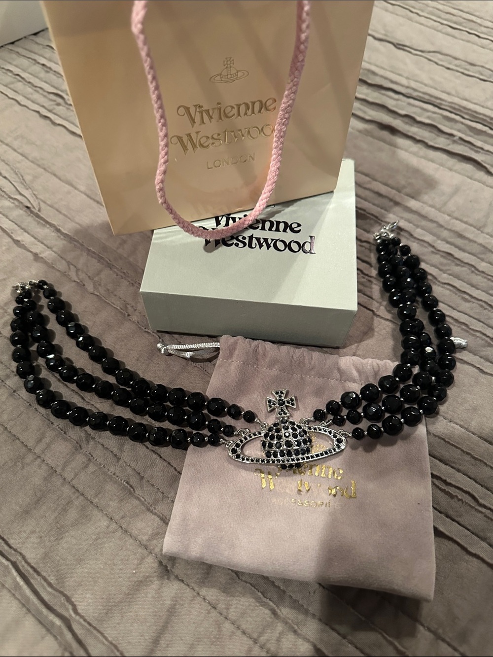 Vivienne Westwood Black Multi-Strand Orb Necklace with Crystal Accents